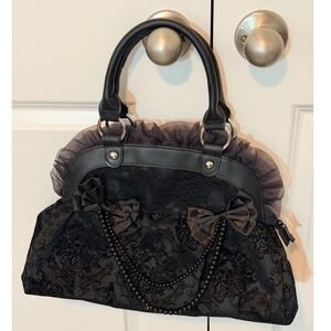 Banned Alternative Black Gothic Damask Lace Ruffle Bow Handbag BBN752